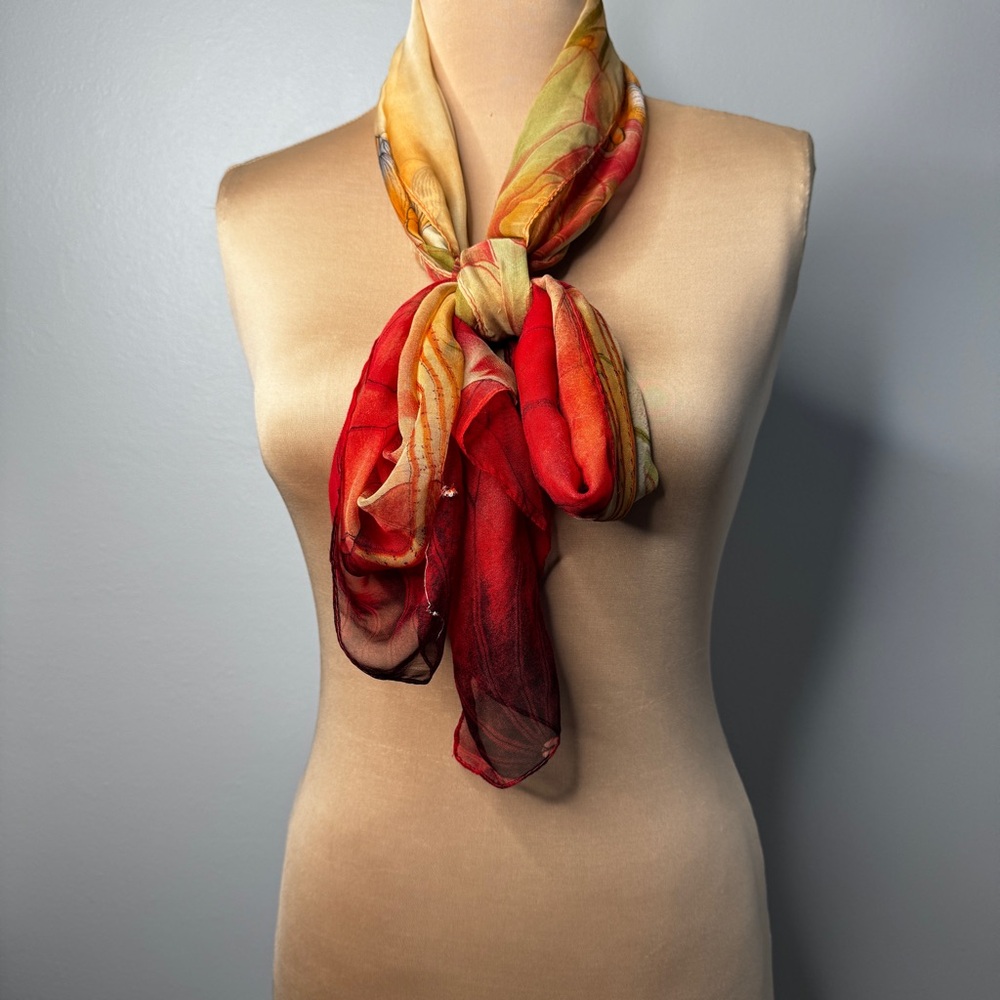 Distressed Sheer Scarf Rust Red Green Long Belt Wrap
